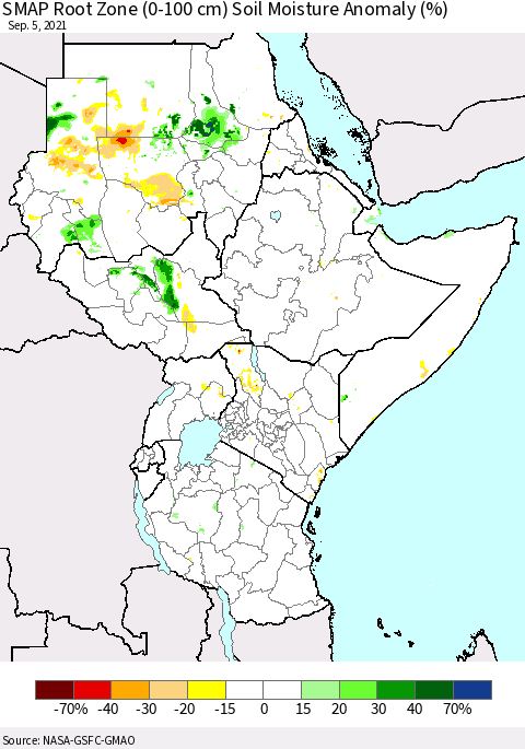 Eastern Africa SMAP Root Zone (0-100 cm) Soil Moisture Anomaly (%) Thematic Map For 9/1/2021 - 9/5/2021