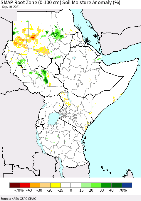 Eastern Africa SMAP Root Zone (0-100 cm) Soil Moisture Anomaly (%) Thematic Map For 9/6/2021 - 9/10/2021