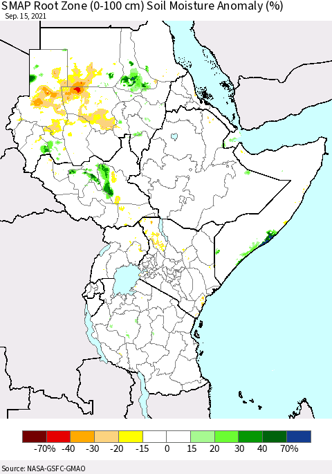 Eastern Africa SMAP Root Zone (0-100 cm) Soil Moisture Anomaly (%) Thematic Map For 9/11/2021 - 9/15/2021