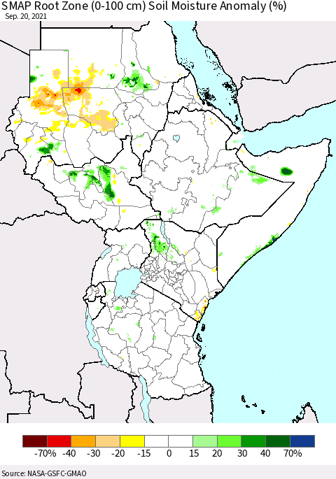 Eastern Africa SMAP Root Zone (0-100 cm) Soil Moisture Anomaly (%) Thematic Map For 9/16/2021 - 9/20/2021