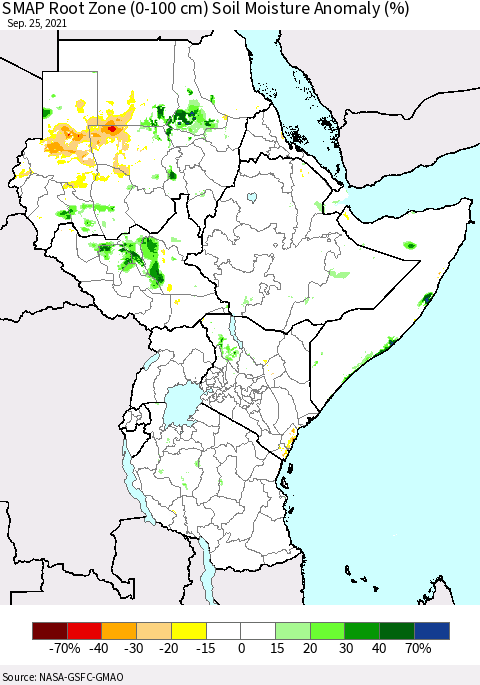 Eastern Africa SMAP Root Zone (0-100 cm) Soil Moisture Anomaly (%) Thematic Map For 9/21/2021 - 9/25/2021