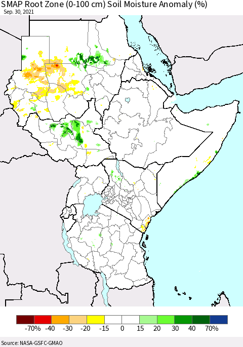 Eastern Africa SMAP Root Zone (0-100 cm) Soil Moisture Anomaly (%) Thematic Map For 9/26/2021 - 9/30/2021