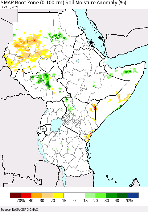 Eastern Africa SMAP Root Zone (0-100 cm) Soil Moisture Anomaly (%) Thematic Map For 10/1/2021 - 10/5/2021