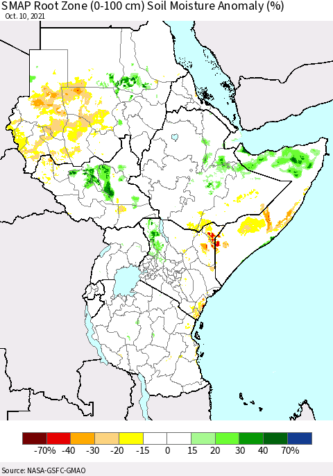 Eastern Africa SMAP Root Zone (0-100 cm) Soil Moisture Anomaly (%) Thematic Map For 10/6/2021 - 10/10/2021