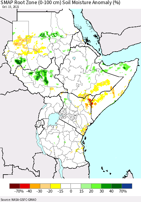 Eastern Africa SMAP Root Zone (0-100 cm) Soil Moisture Anomaly (%) Thematic Map For 10/11/2021 - 10/15/2021