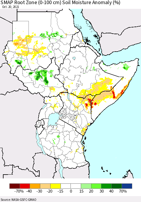 Eastern Africa SMAP Root Zone (0-100 cm) Soil Moisture Anomaly (%) Thematic Map For 10/16/2021 - 10/20/2021
