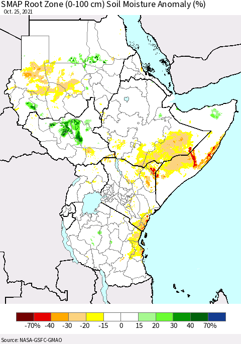 Eastern Africa SMAP Root Zone (0-100 cm) Soil Moisture Anomaly (%) Thematic Map For 10/21/2021 - 10/25/2021