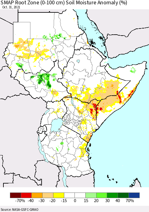 Eastern Africa SMAP Root Zone (0-100 cm) Soil Moisture Anomaly (%) Thematic Map For 10/26/2021 - 10/31/2021