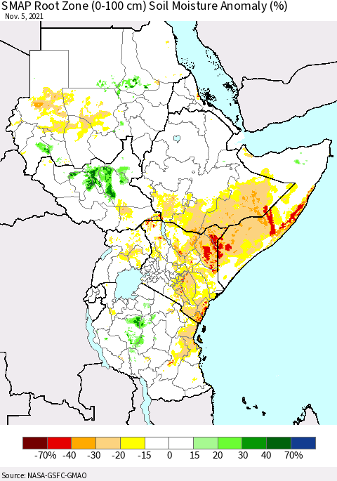 Eastern Africa SMAP Root Zone (0-100 cm) Soil Moisture Anomaly (%) Thematic Map For 11/1/2021 - 11/5/2021