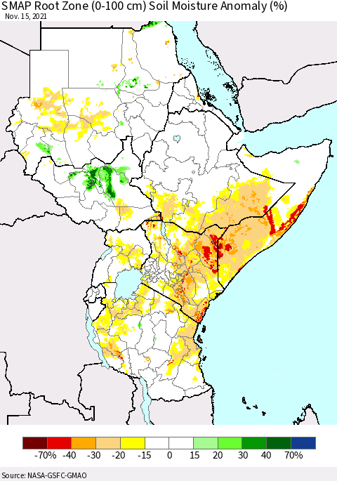 Eastern Africa SMAP Root Zone (0-100 cm) Soil Moisture Anomaly (%) Thematic Map For 11/11/2021 - 11/15/2021