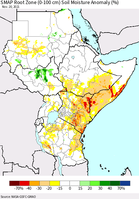 Eastern Africa SMAP Root Zone (0-100 cm) Soil Moisture Anomaly (%) Thematic Map For 11/16/2021 - 11/20/2021