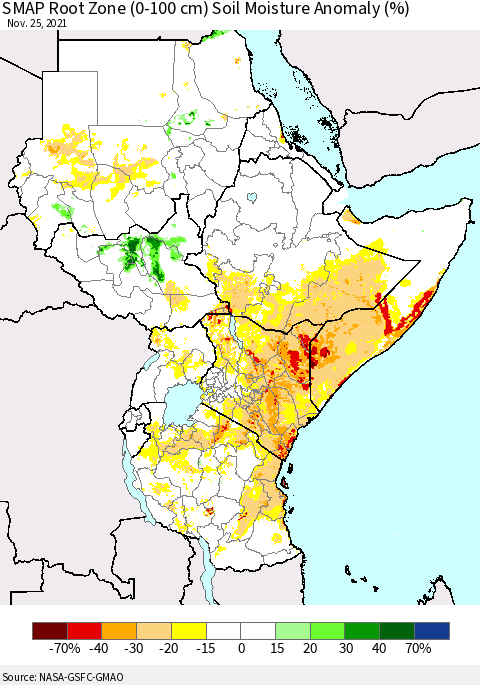Eastern Africa SMAP Root Zone (0-100 cm) Soil Moisture Anomaly (%) Thematic Map For 11/21/2021 - 11/25/2021