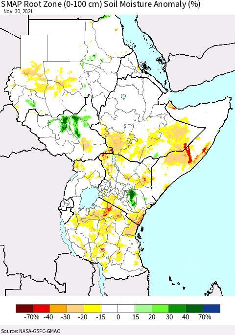 Eastern Africa SMAP Root Zone (0-100 cm) Soil Moisture Anomaly (%) Thematic Map For 11/26/2021 - 11/30/2021