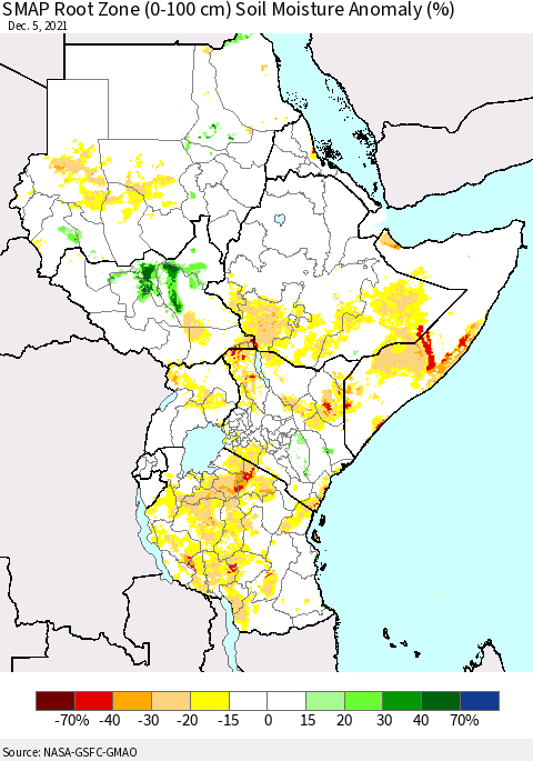 Eastern Africa SMAP Root Zone (0-100 cm) Soil Moisture Anomaly (%) Thematic Map For 12/1/2021 - 12/5/2021