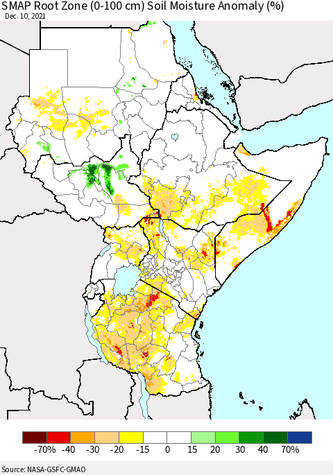 Eastern Africa SMAP Root Zone (0-100 cm) Soil Moisture Anomaly (%) Thematic Map For 12/6/2021 - 12/10/2021