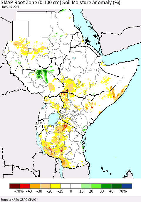Eastern Africa SMAP Root Zone (0-100 cm) Soil Moisture Anomaly (%) Thematic Map For 12/11/2021 - 12/15/2021