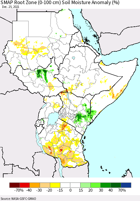 Eastern Africa SMAP Root Zone (0-100 cm) Soil Moisture Anomaly (%) Thematic Map For 12/21/2021 - 12/25/2021