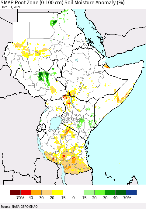Eastern Africa SMAP Root Zone (0-100 cm) Soil Moisture Anomaly (%) Thematic Map For 12/26/2021 - 12/31/2021