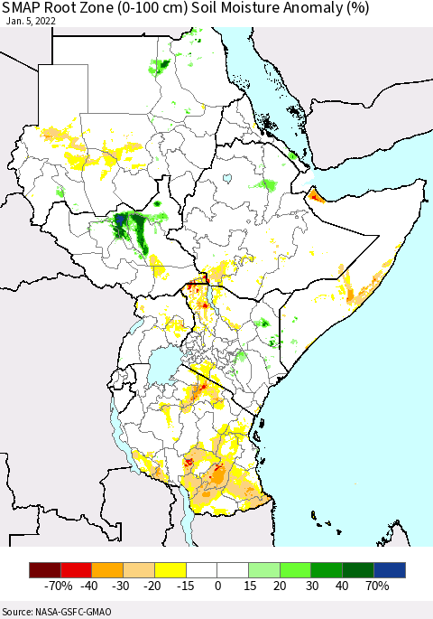 Eastern Africa SMAP Root Zone (0-100 cm) Soil Moisture Anomaly (%) Thematic Map For 1/1/2022 - 1/5/2022