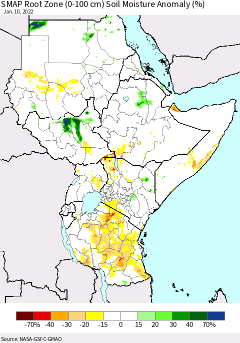 Eastern Africa SMAP Root Zone (0-100 cm) Soil Moisture Anomaly (%) Thematic Map For 1/6/2022 - 1/10/2022