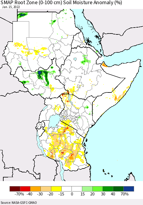 Eastern Africa SMAP Root Zone (0-100 cm) Soil Moisture Anomaly (%) Thematic Map For 1/11/2022 - 1/15/2022