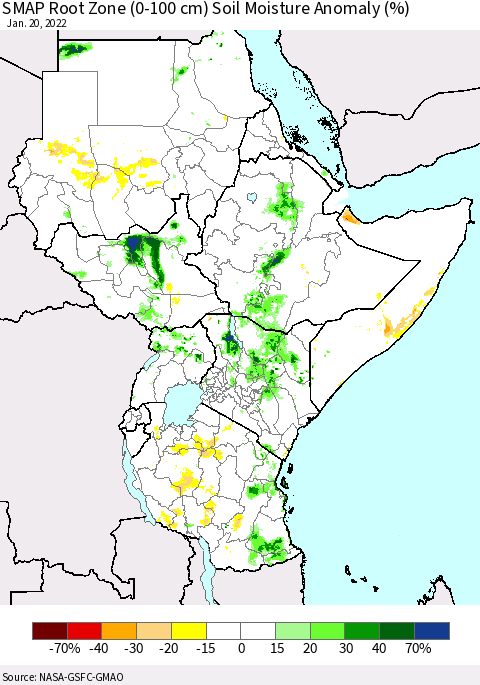 Eastern Africa SMAP Root Zone (0-100 cm) Soil Moisture Anomaly (%) Thematic Map For 1/16/2022 - 1/20/2022