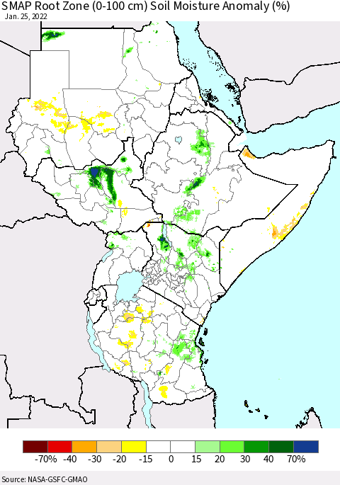 Eastern Africa SMAP Root Zone (0-100 cm) Soil Moisture Anomaly (%) Thematic Map For 1/21/2022 - 1/25/2022