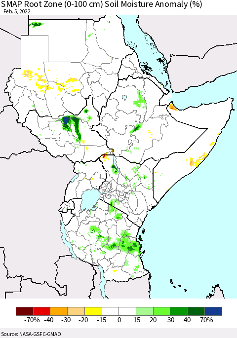 Eastern Africa SMAP Root Zone (0-100 cm) Soil Moisture Anomaly (%) Thematic Map For 2/1/2022 - 2/5/2022