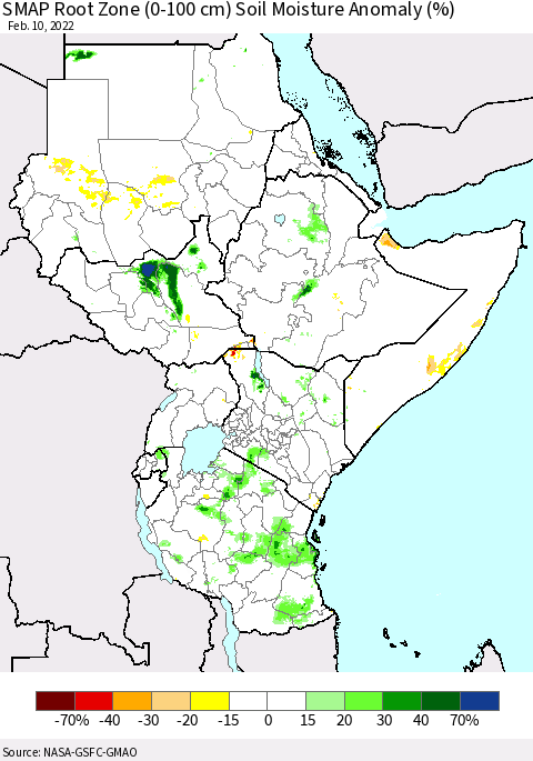Eastern Africa SMAP Root Zone (0-100 cm) Soil Moisture Anomaly (%) Thematic Map For 2/6/2022 - 2/10/2022