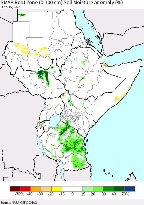 Eastern Africa SMAP Root Zone (0-100 cm) Soil Moisture Anomaly (%) Thematic Map For 2/11/2022 - 2/15/2022