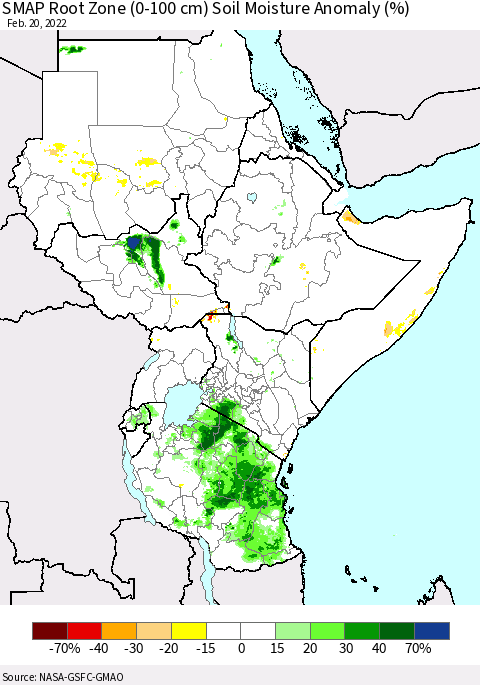 Eastern Africa SMAP Root Zone (0-100 cm) Soil Moisture Anomaly (%) Thematic Map For 2/16/2022 - 2/20/2022