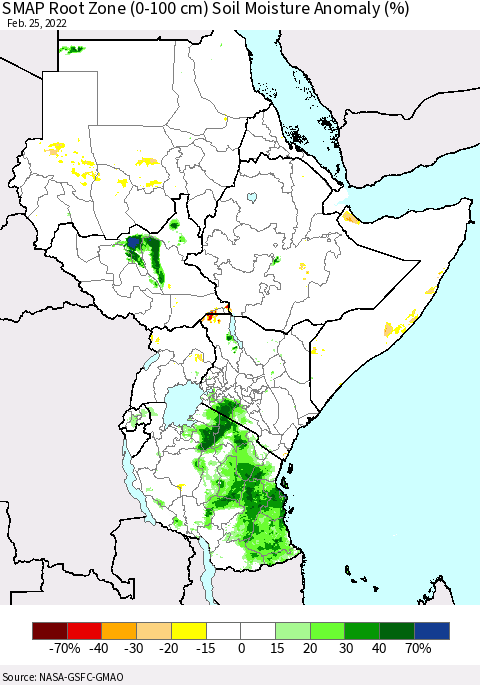 Eastern Africa SMAP Root Zone (0-100 cm) Soil Moisture Anomaly (%) Thematic Map For 2/21/2022 - 2/25/2022