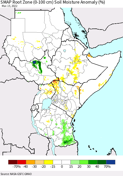 Eastern Africa SMAP Root Zone (0-100 cm) Soil Moisture Anomaly (%) Thematic Map For 3/11/2022 - 3/15/2022