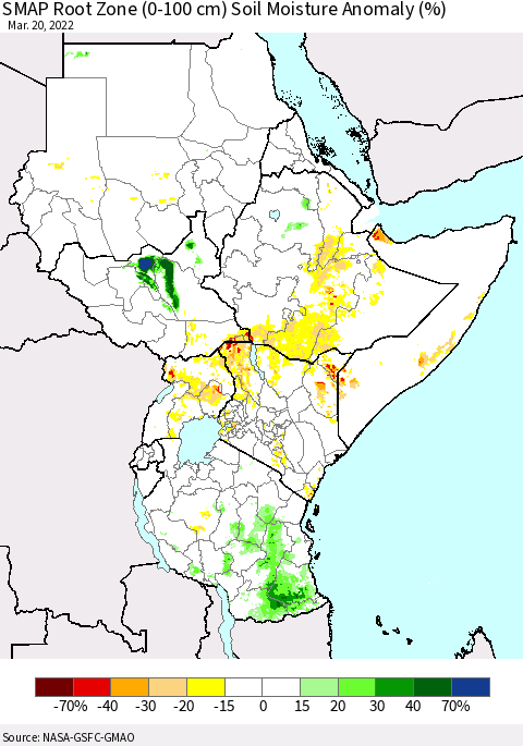 Eastern Africa SMAP Root Zone (0-100 cm) Soil Moisture Anomaly (%) Thematic Map For 3/16/2022 - 3/20/2022