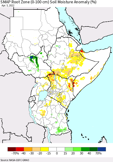 Eastern Africa SMAP Root Zone (0-100 cm) Soil Moisture Anomaly (%) Thematic Map For 4/1/2022 - 4/5/2022