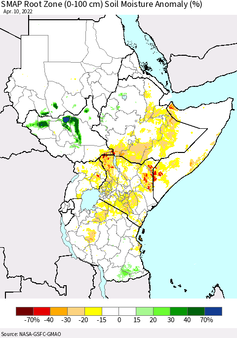 Eastern Africa SMAP Root Zone (0-100 cm) Soil Moisture Anomaly (%) Thematic Map For 4/6/2022 - 4/10/2022