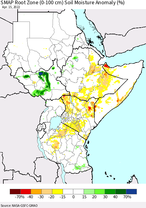 Eastern Africa SMAP Root Zone (0-100 cm) Soil Moisture Anomaly (%) Thematic Map For 4/11/2022 - 4/15/2022