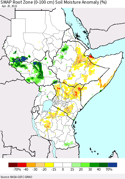 Eastern Africa SMAP Root Zone (0-100 cm) Soil Moisture Anomaly (%) Thematic Map For 4/16/2022 - 4/20/2022