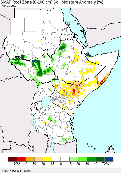 Eastern Africa SMAP Root Zone (0-100 cm) Soil Moisture Anomaly (%) Thematic Map For 4/21/2022 - 4/25/2022