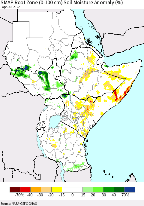 Eastern Africa SMAP Root Zone (0-100 cm) Soil Moisture Anomaly (%) Thematic Map For 4/26/2022 - 4/30/2022