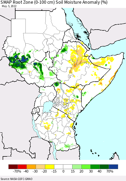 Eastern Africa SMAP Root Zone (0-100 cm) Soil Moisture Anomaly (%) Thematic Map For 5/1/2022 - 5/5/2022