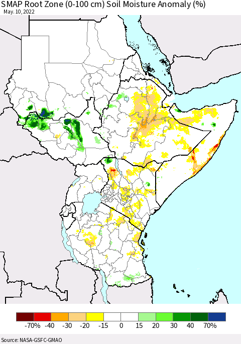 Eastern Africa SMAP Root Zone (0-100 cm) Soil Moisture Anomaly (%) Thematic Map For 5/6/2022 - 5/10/2022