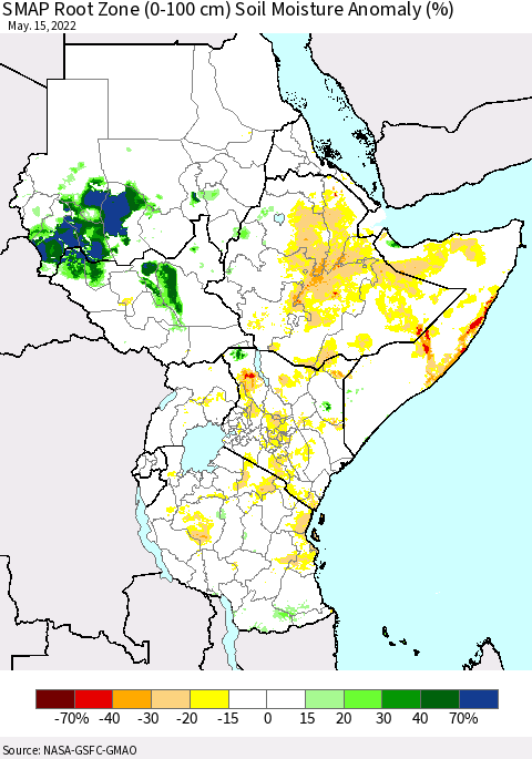 Eastern Africa SMAP Root Zone (0-100 cm) Soil Moisture Anomaly (%) Thematic Map For 5/11/2022 - 5/15/2022