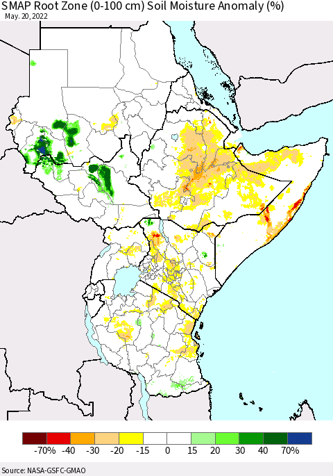 Eastern Africa SMAP Root Zone (0-100 cm) Soil Moisture Anomaly (%) Thematic Map For 5/16/2022 - 5/20/2022