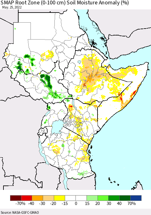 Eastern Africa SMAP Root Zone (0-100 cm) Soil Moisture Anomaly (%) Thematic Map For 5/21/2022 - 5/25/2022
