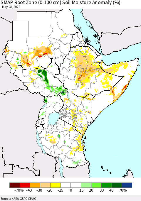 Eastern Africa SMAP Root Zone (0-100 cm) Soil Moisture Anomaly (%) Thematic Map For 5/26/2022 - 5/31/2022