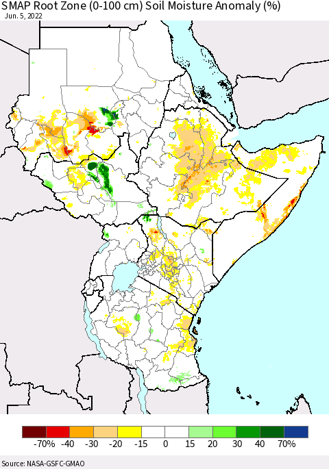 Eastern Africa SMAP Root Zone (0-100 cm) Soil Moisture Anomaly (%) Thematic Map For 6/1/2022 - 6/5/2022