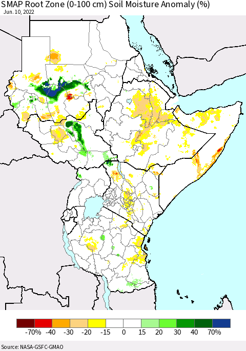 Eastern Africa SMAP Root Zone (0-100 cm) Soil Moisture Anomaly (%) Thematic Map For 6/6/2022 - 6/10/2022