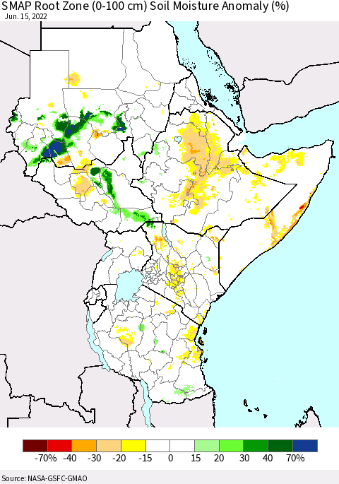 Eastern Africa SMAP Root Zone (0-100 cm) Soil Moisture Anomaly (%) Thematic Map For 6/11/2022 - 6/15/2022