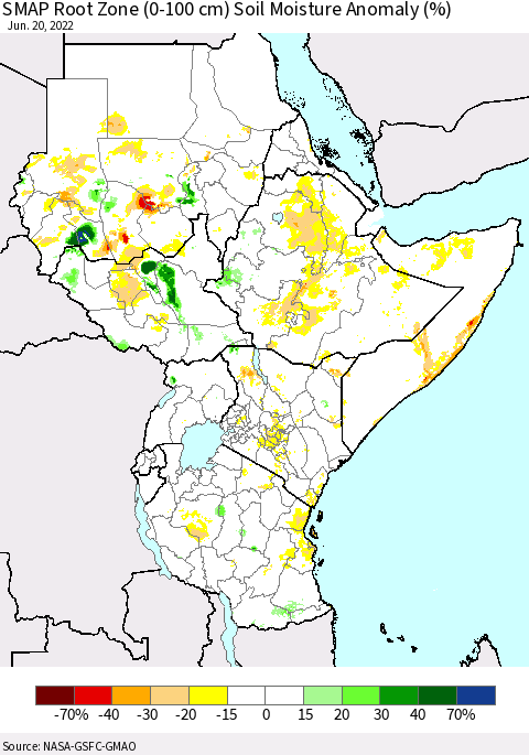 Eastern Africa SMAP Root Zone (0-100 cm) Soil Moisture Anomaly (%) Thematic Map For 6/16/2022 - 6/20/2022